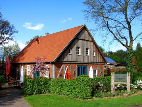 LöningenDZ/EZ Lodberger Scheunencafe的一间红色屋顶的大型棕色房屋