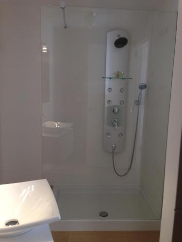 潘蒂科萨Apartamento Casa Francho的带淋浴和盥洗盆的白色浴室