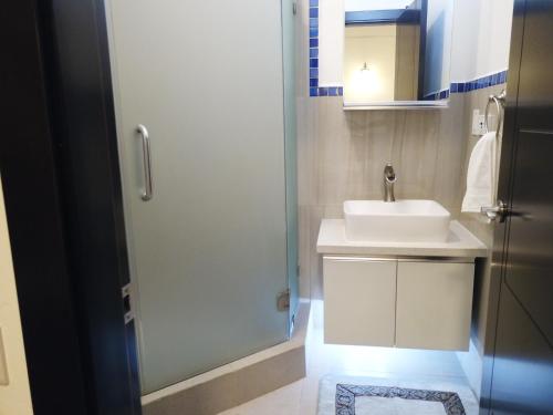 Lance aux ÉpinesBlue Star Apartments & Hotel的一间带水槽和淋浴的浴室