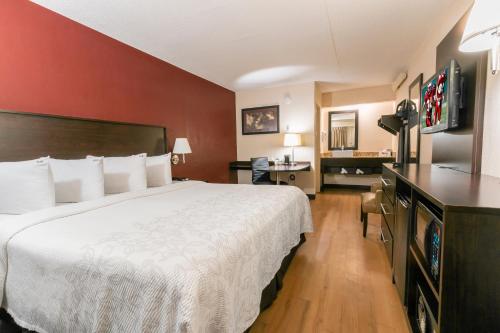 都柏林哥伦布-都柏林红屋顶PLUS+汽车旅馆的酒店客房设有一张大床和一台电视。