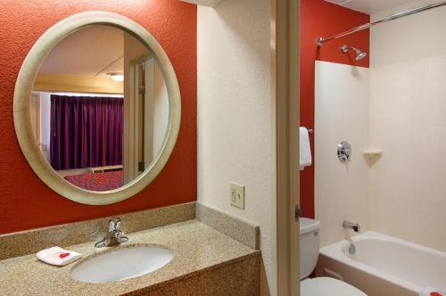 杰赛普Red Roof Inn Washington DC - Columbia/Fort Meade的一间带水槽、镜子和卫生间的浴室