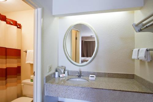 奥尔巴尼奥尔巴尼机场红屋顶旅馆的一间带水槽和镜子的浴室