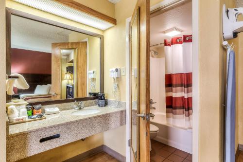 阿马里洛Red Roof Inn Amarillo West的一间带水槽、卫生间和镜子的浴室