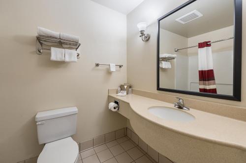 EtowahRed Roof Inn Etowah – Athens, TN的一间带水槽、卫生间和镜子的浴室
