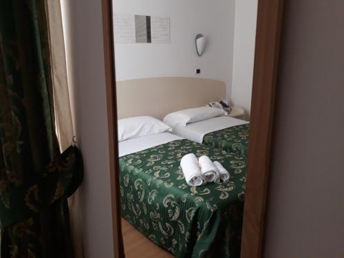 圣贝内代托-德尔特龙托公寓式酒店的卧室的镜子反射,配有两张床