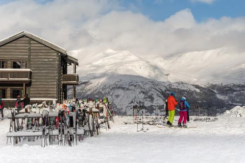 海姆瑟达尔Skigaarden的一群站在滑雪小屋外的人