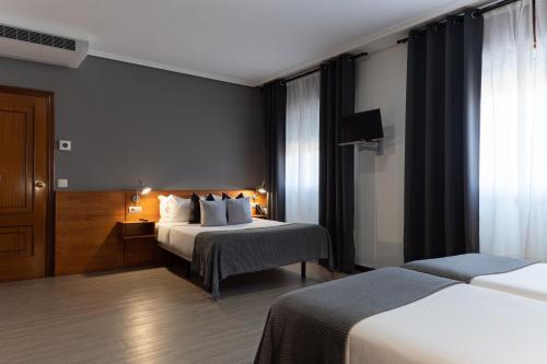 梅利德Hotel Carlos 96的酒店客房设有两张床和电视。