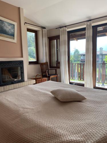 班斯科Ski & Spa Chalet Bansko的一间卧室设有一张带壁炉和窗户的床。
