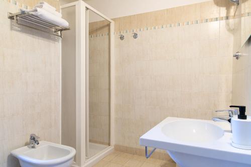 拉奎拉Fox House BnB的白色的浴室设有水槽和淋浴。