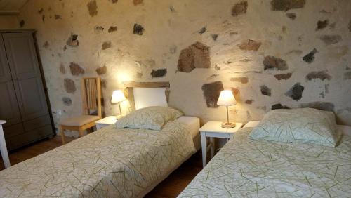 克卢尼皮埃尔福勒住宿加早餐酒店的石墙客房的两张床
