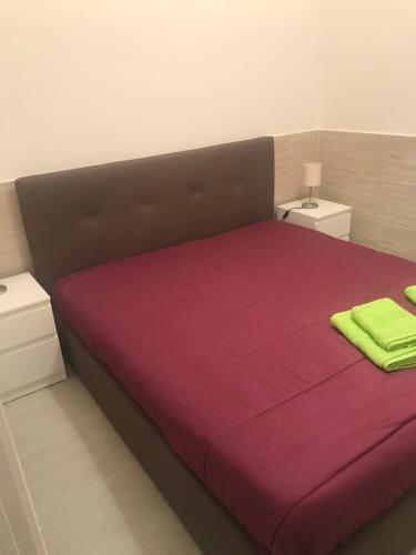 拉古萨Cartia 91的一间卧室配有一张大床,铺有紫色和绿色床单。