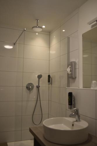 布格贝恩海姆Gasthof Pension Zum goldenen Hirschen的带淋浴、水槽和镜子的浴室