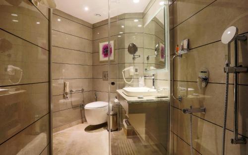 西姆拉Welcomhotel by ITC Hotels, Shimla的浴室配有卫生间、盥洗盆和淋浴。