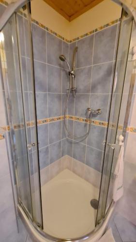 日利纳Apartmán Kragujevská的浴室内带玻璃淋浴间
