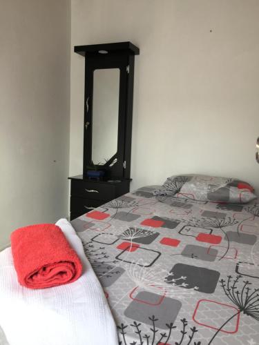 伊塔圭Habitación privada en casa de familia cerca del CC VIVA Envigado的一间卧室配有一张带红色毛巾的床