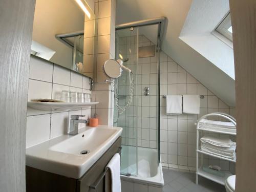 于伯林根维斯托伽尼酒店的一间带水槽和淋浴的浴室