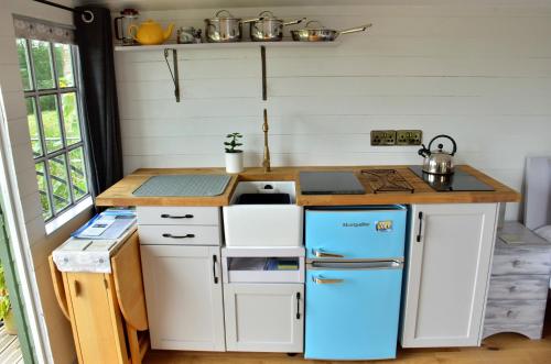 Sheriff HuttonCastle Lodge的一间带蓝色冰箱和台面的小厨房