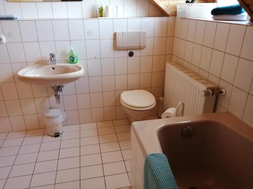 德根多夫Schöne Wohnung in Deggendorf für 1 bis 5 Personen的一间带水槽、浴缸和卫生间的浴室