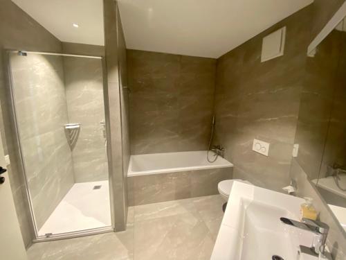 洛迦诺Lungolago Rosso的带淋浴、卫生间和盥洗盆的浴室
