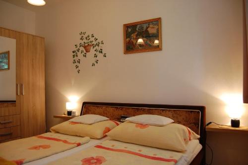 赫维兹Apartment in Heviz/Balaton 18892的一间卧室配有两张床,墙上有两盏灯