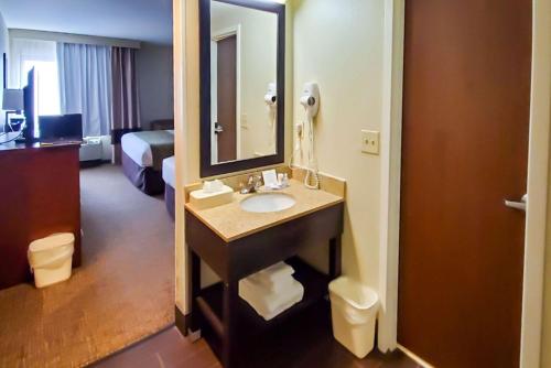 奥克森山奥克森山康福特茵酒店的一间位于酒店客房内的带水槽和镜子的浴室
