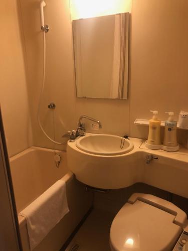 松本松本山丘酒店的一间带水槽、卫生间和镜子的浴室