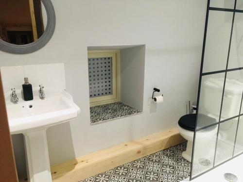 克里基厄斯Hendre Cennin的一间带水槽、卫生间和镜子的浴室