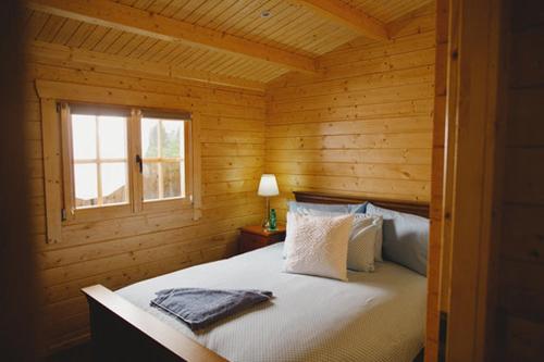 MarkinchCosy Log Cabin - The Dookit - Fife的小木屋内一间卧室,配有一张床
