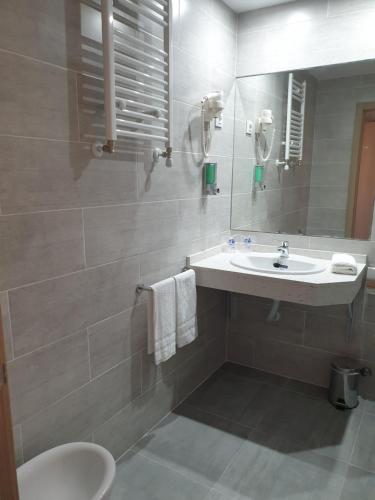 瓜达拉哈拉Hotel Alcarria的一间带水槽、卫生间和镜子的浴室