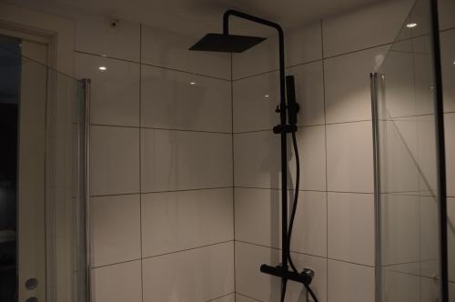 TorsetFossheim Lodge - komfortabel minileilighet的带淋浴的浴室和玻璃门