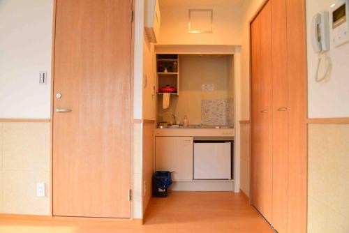 东京上野之家分館家庭房的带木制橱柜的厨房和带水槽的厨房