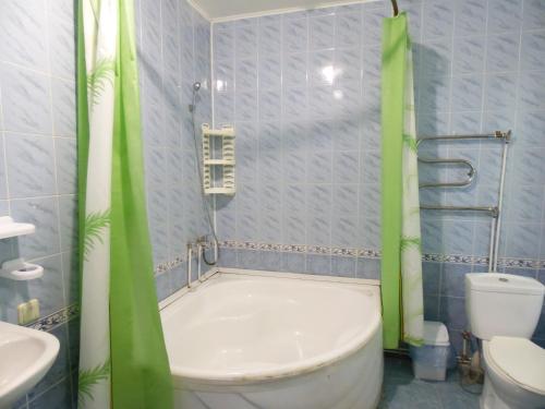 尼古拉耶夫Na Admirala Makarova的带浴缸和卫生间及绿色窗帘的浴室
