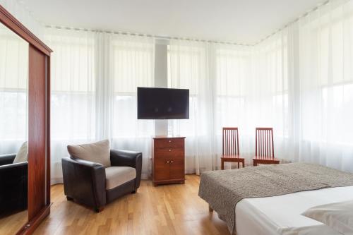 派尔努维赛特酒店别墅的一间卧室配有一张床、一把椅子和电视
