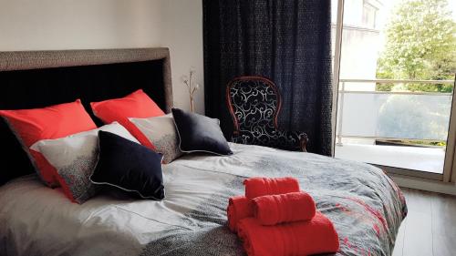 埃佩尔奈L'épopée de l'Avenue - Parking - Avenue de Champagne - Epernay的一间卧室配有红色和黑色枕头的床