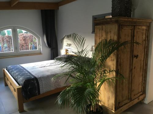MolenschotBeukenhof的一间卧室配有一张床和一个木制橱柜