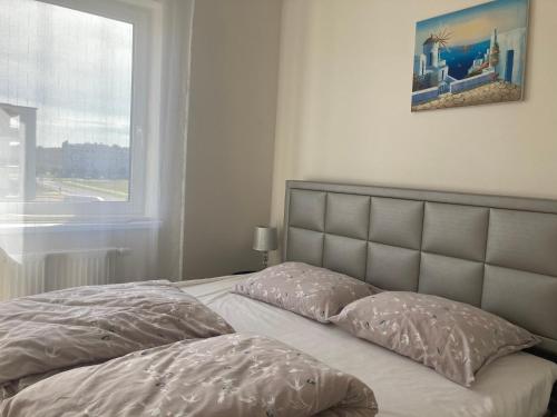 大波兰地区奥斯特鲁夫Luksusowy Apartament的卧室配有一张带两个枕头的床和窗户
