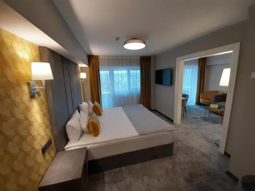 克卢日-纳波卡尤尼维斯T酒店的一间带大床的卧室和一间客厅