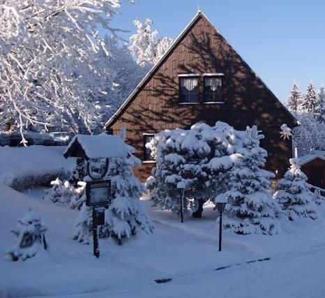 库罗阿尔滕堡Ferienwohnung Heinrich的小木屋前方有雪覆盖的树木