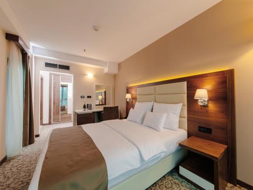 波德戈里察新星酒店的一间卧室配有一张大床和一张书桌