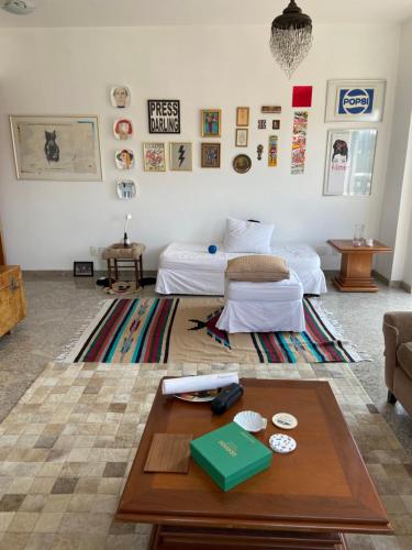 卡尚布Lindo apartamento em Caxambu的客厅配有两张床和茶几