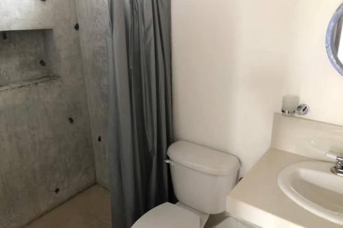 科苏梅尔Studio Loft Cozumel的浴室配有卫生间、盥洗盆和淋浴。