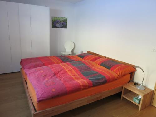 施普吕根Apartment Beeli的床上有五颜六色的毯子