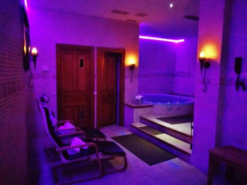 TorrelagunaPosada Del Camino Real的紫色浴室设有浴缸和椅子