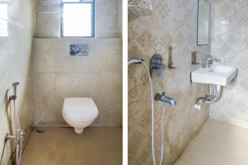 加尔各答Kiaan Inn的浴室的两张照片,配有卫生间和水槽