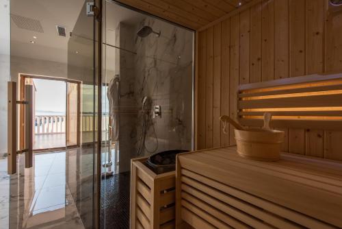 苏科尚Suites Kod Guste的带淋浴和玻璃门的桑拿浴室