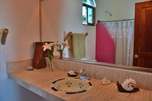 玛哈威Nacional Beach Club & Bungalows的浴室的柜台设有水槽和镜子