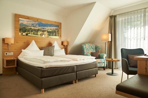 埃斯洛黑Esloher Brauhaus的配有一张床和一把椅子的酒店客房