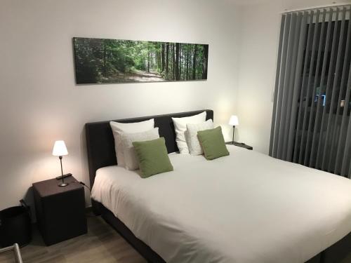 马尔梅迪Penthouse Lebierre的卧室配有带绿色枕头的大型白色床