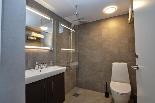 菲耶里茨莱乌Hotel Nor - Badehotellet的一间带水槽、卫生间和淋浴的浴室