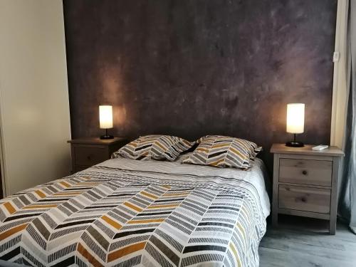 勒格罗-迪鲁瓦GRAU DU ROI T2 calme, accès plage + parking的一间卧室配有一张床,在床头柜上配有两盏灯